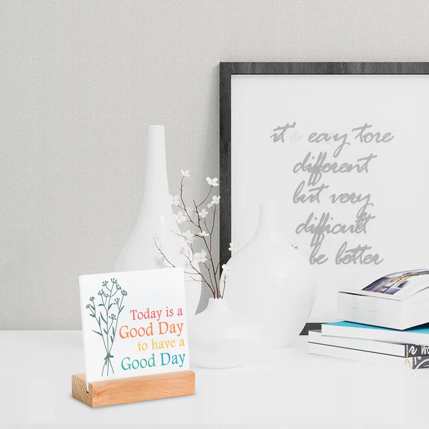 Vuzvuv Positive Desk Decor Sign for Office Home,A Good Day Sign Spring Decorations Table Decor for Women Men Work Home,Cute Office Desk Accessories Inspirational Gift for Women Men Friend image 5