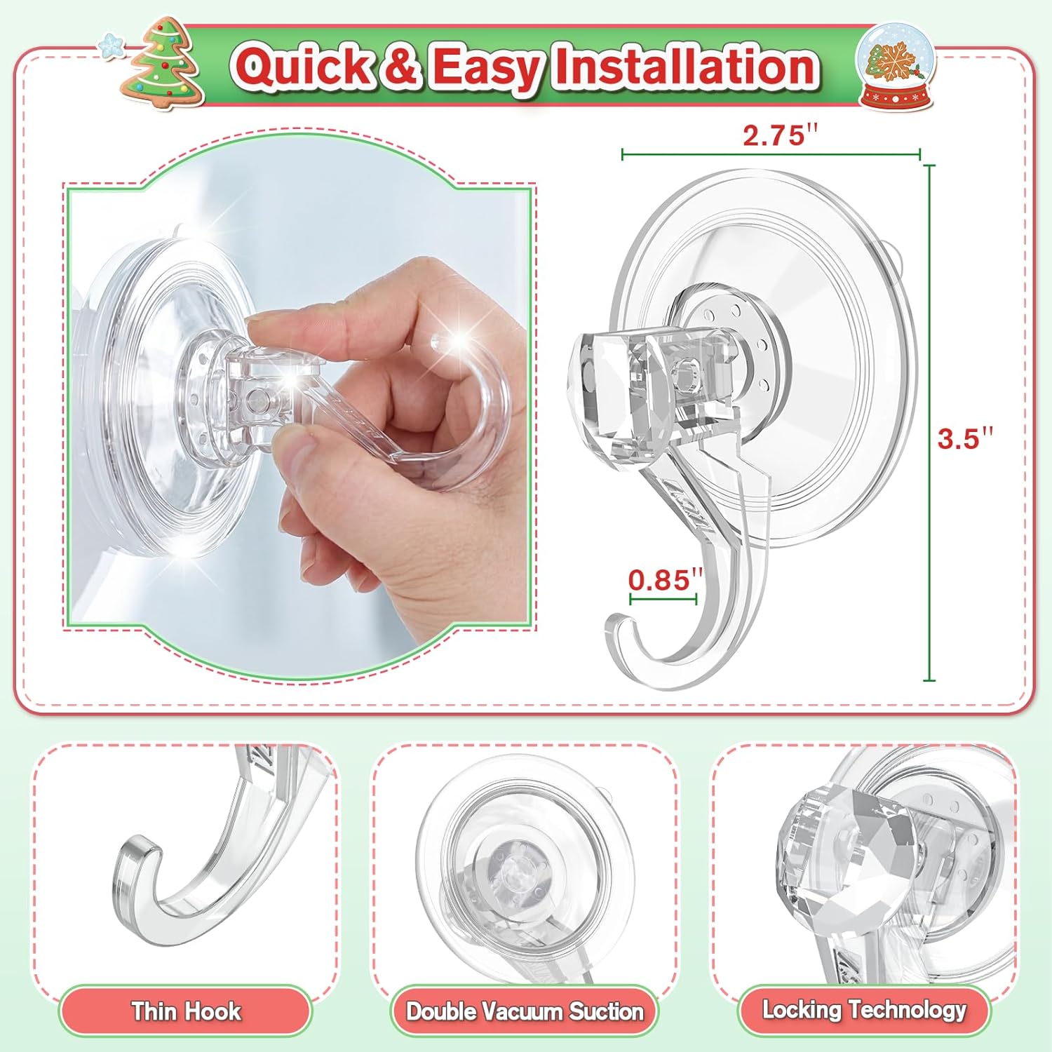 VIS'V Wreath Hanger, Large Suction Cup Wreath Hooks, Heavy Duty, 22 LB Capacity, Removable and Reusable, Clear, 2 Pcs