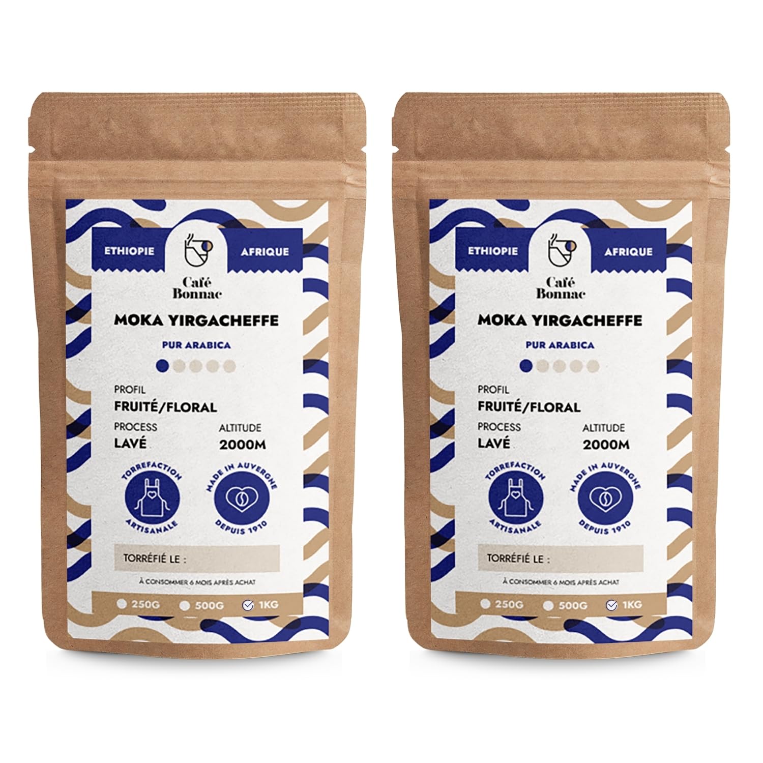 Café Bonnac – Lot de 2 × 1 kg | Café Moulu Éthiopie Yirgacheffe | 100% Arabica De Spécialité | Notes Florales Et Citronnées | Torréfaction Artisanale Française | Idéal Machine À Grain | Frais