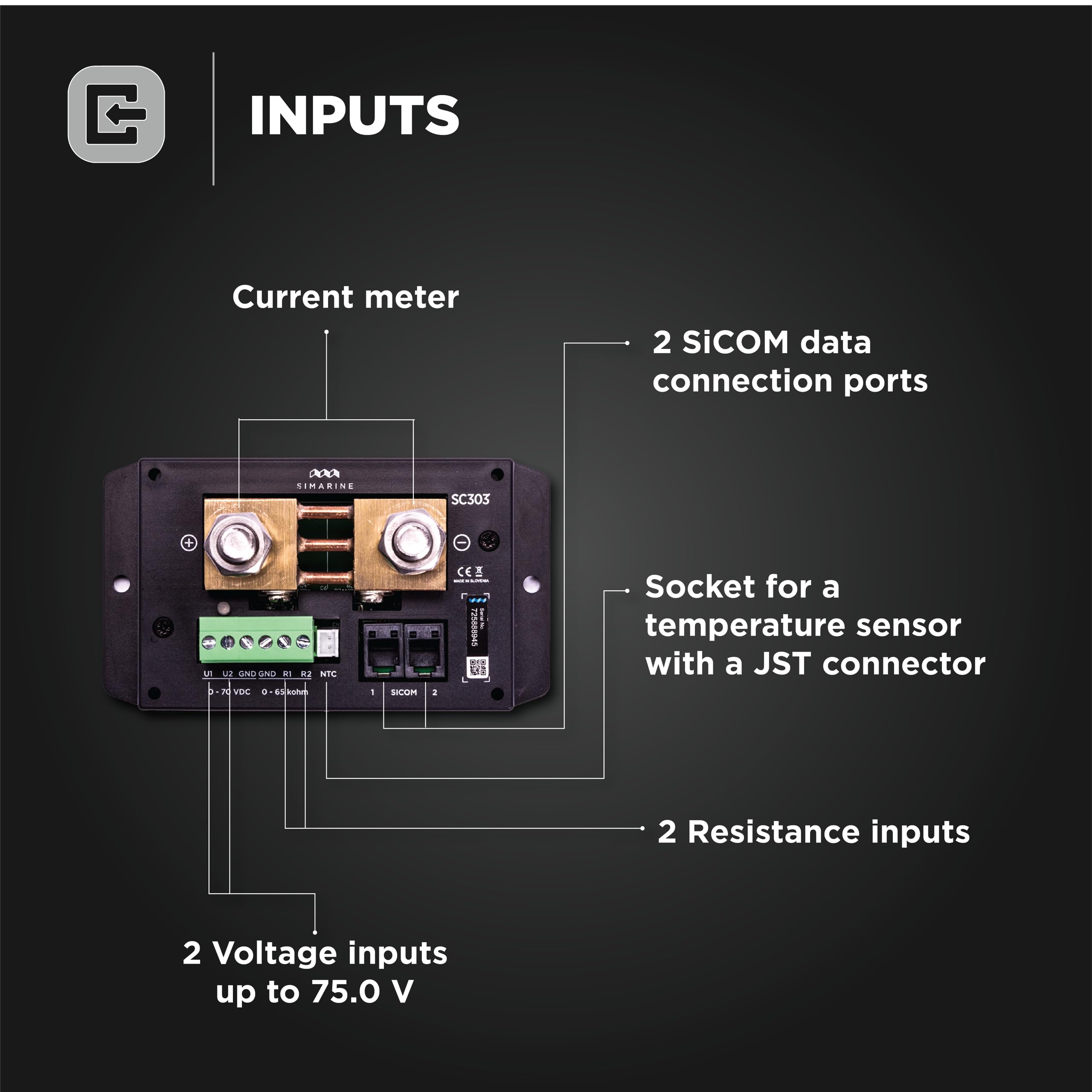 Simarine SC303 shunt 300A, Tank Monitoring, Inverter Monitoring, Compatible with PICO Battery Monitor and VIA Control Panel, Perfect for Retroffiting to Existing Boats & Campervans & Trailers & RVs