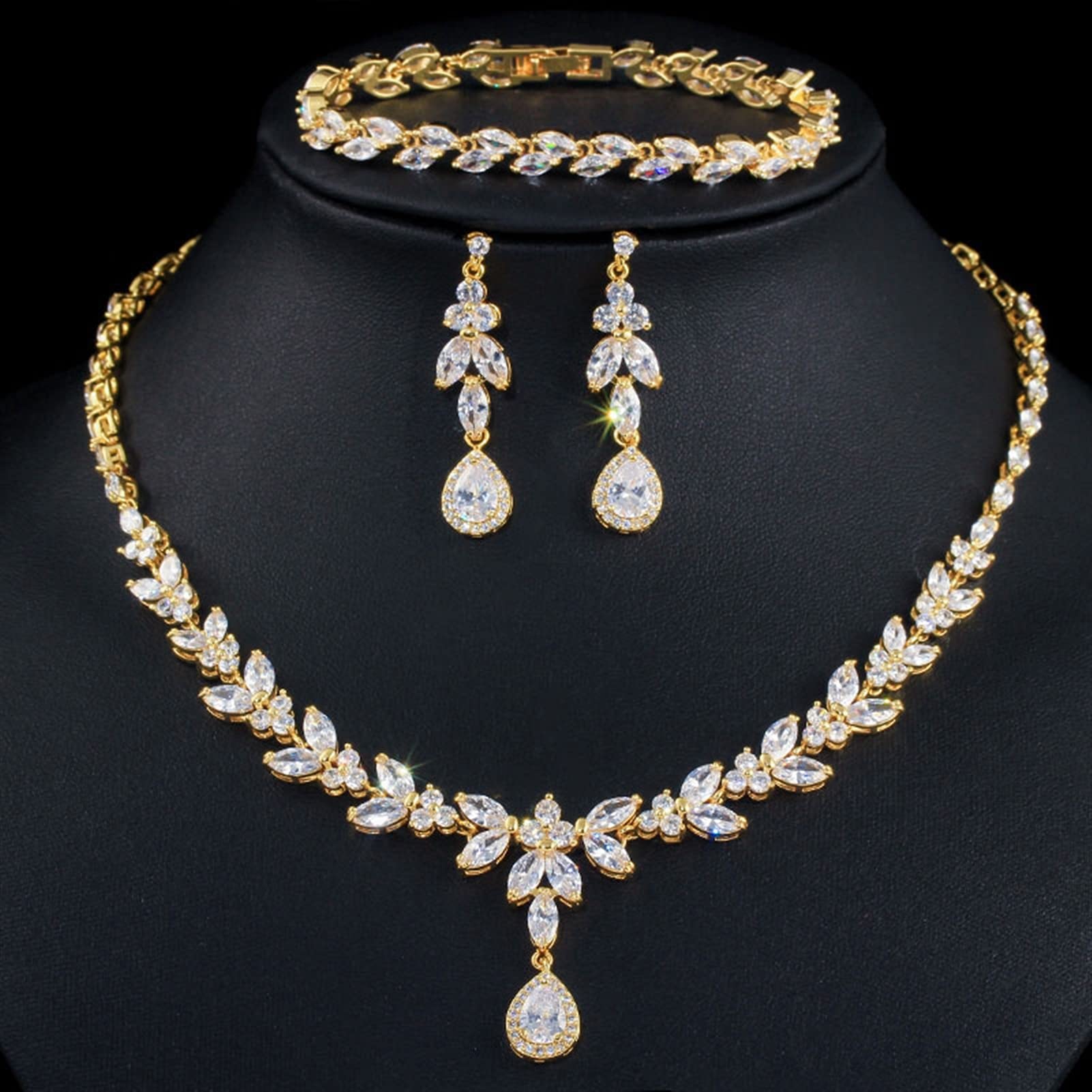 Joyería 3 uds Traje de Mujer Conjunto de Joyas de Oro Grande circonita cúbica Brillante Gota Novias Collar Pendientes y Pulseras