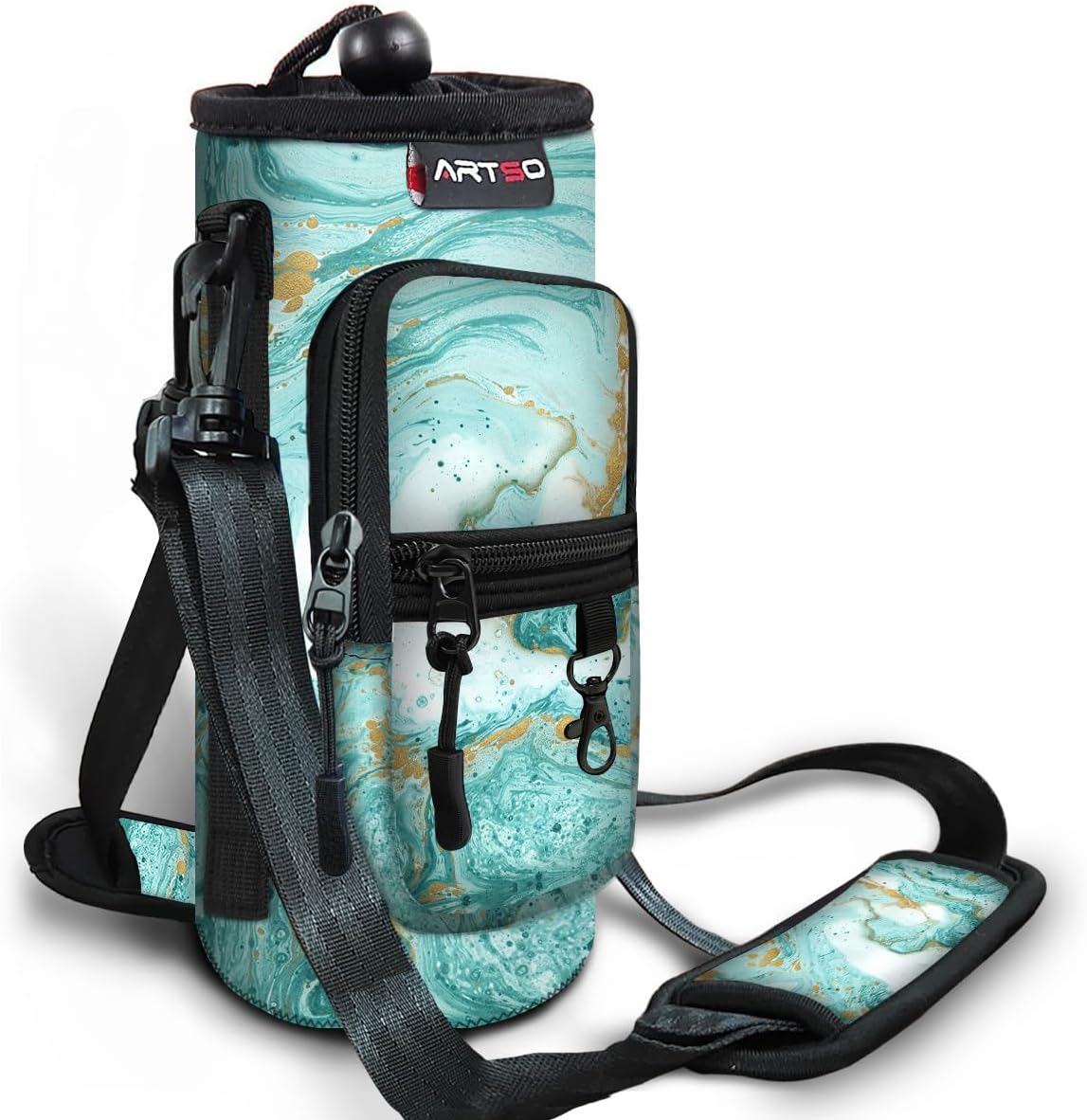 ARTSO Water Bottle Carrier Bag Sling Holder Pouch, 25oz 32oz 40oz 64oz Insulated Water Bottle Sleeve Case Cover with Adjustable Shoulder Hand Strap Pocket for Men Women, Teal Turqoise Marble