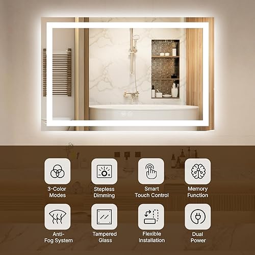 Miniatura 2 de Espejo de baño LED de 30 x 36 pulgadas con luces regulables, espejo de tocador con luz antiniebla, frontal y retroiluminado, vidrio templado, 3