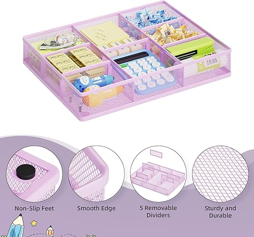 Miniatura 5 de Marbrasse Organizador de cajones de escritorio, bandeja organizadora de cajones de malla metálica con 5 compartimentos ajustables, organizadores de