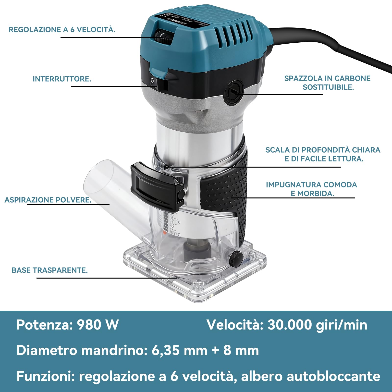 Rifilatore Fresatrice Verticale per Legno Elettrica 800W 6 Velocità Variabili 5000-30000 RPM Mandrino 6,35 mm 8 mm