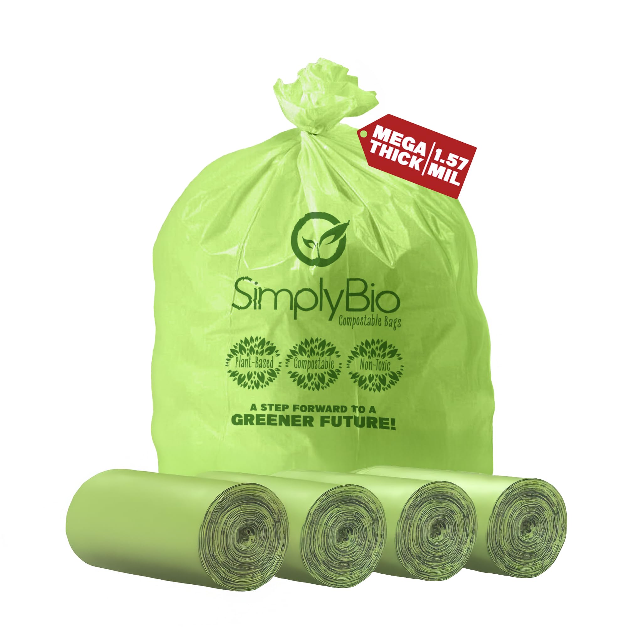 Simply Bio Bolsas de basura compostables de 31 a 35 galones, parte superior plana, resistentes, extragruesas de 1.57 mil, 132.49 litros, 100 bolsas, césped, patio y restaurante, ASTM D6400, US BPI, OK