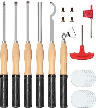 Full Size Carbide Wood Lathe Turning Tools Set with Rubber Handle | 6pcs Lathe Chisel Set Include Swan Neck Hollowing Tool,HSS Roughing Gouge,Bowl Sander,Diamond Round Square Carbide Inserts