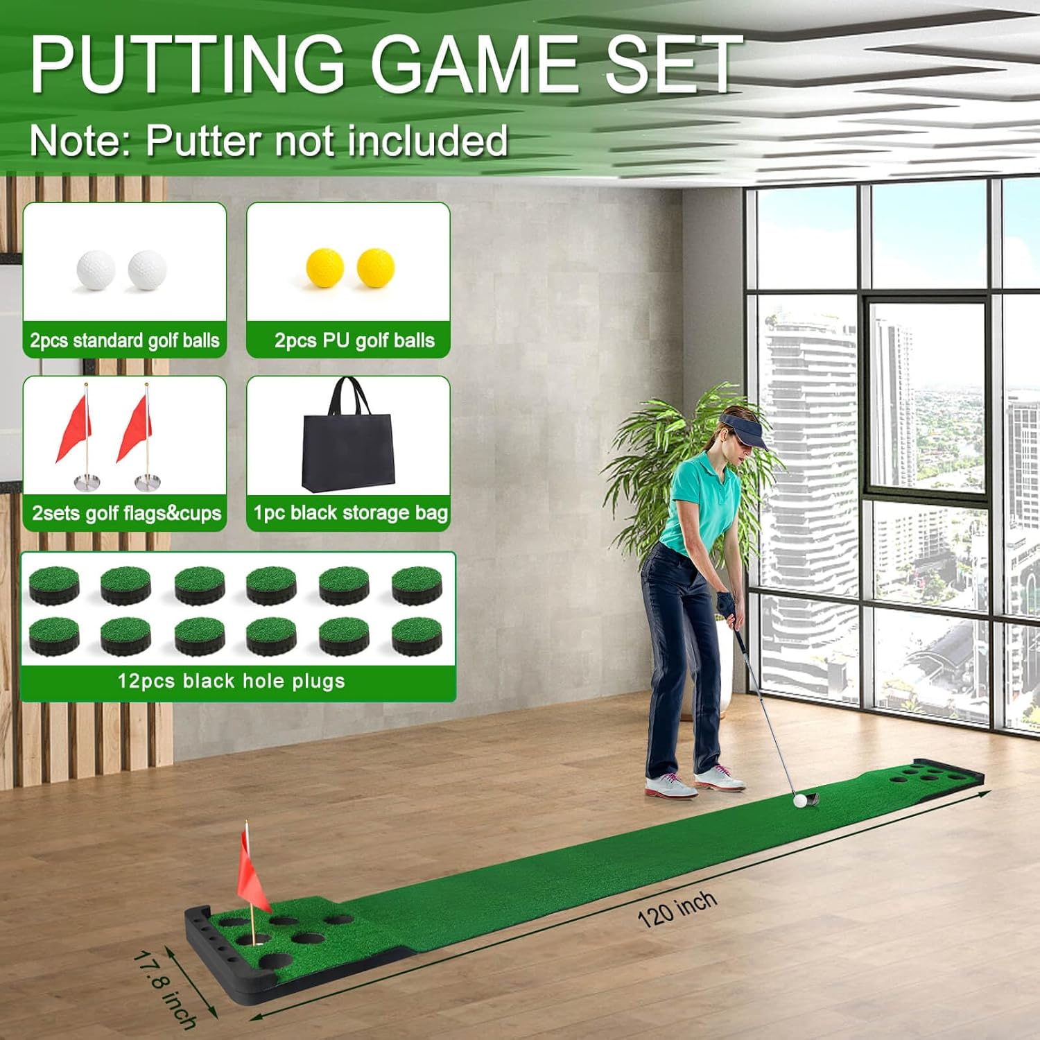 Golf Putting Game Set with Front Border for Indoor & Outdoor,Golf Putting Green Mat Include 4 Balls,1 Portable Bag,2 Flags&Cups,Practice Training Aid for Backyard,Party,Office