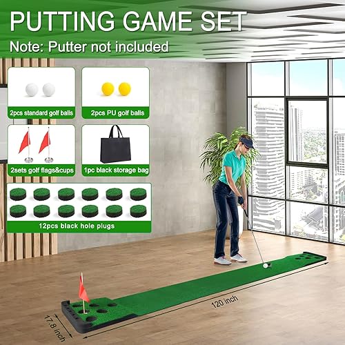 Vista 17 de Juego de putting de golf con borde frontal para interiores y exteriores, tapete verde para golf incluye 4 bolas, 1 bolsa portátil, 2 banderas