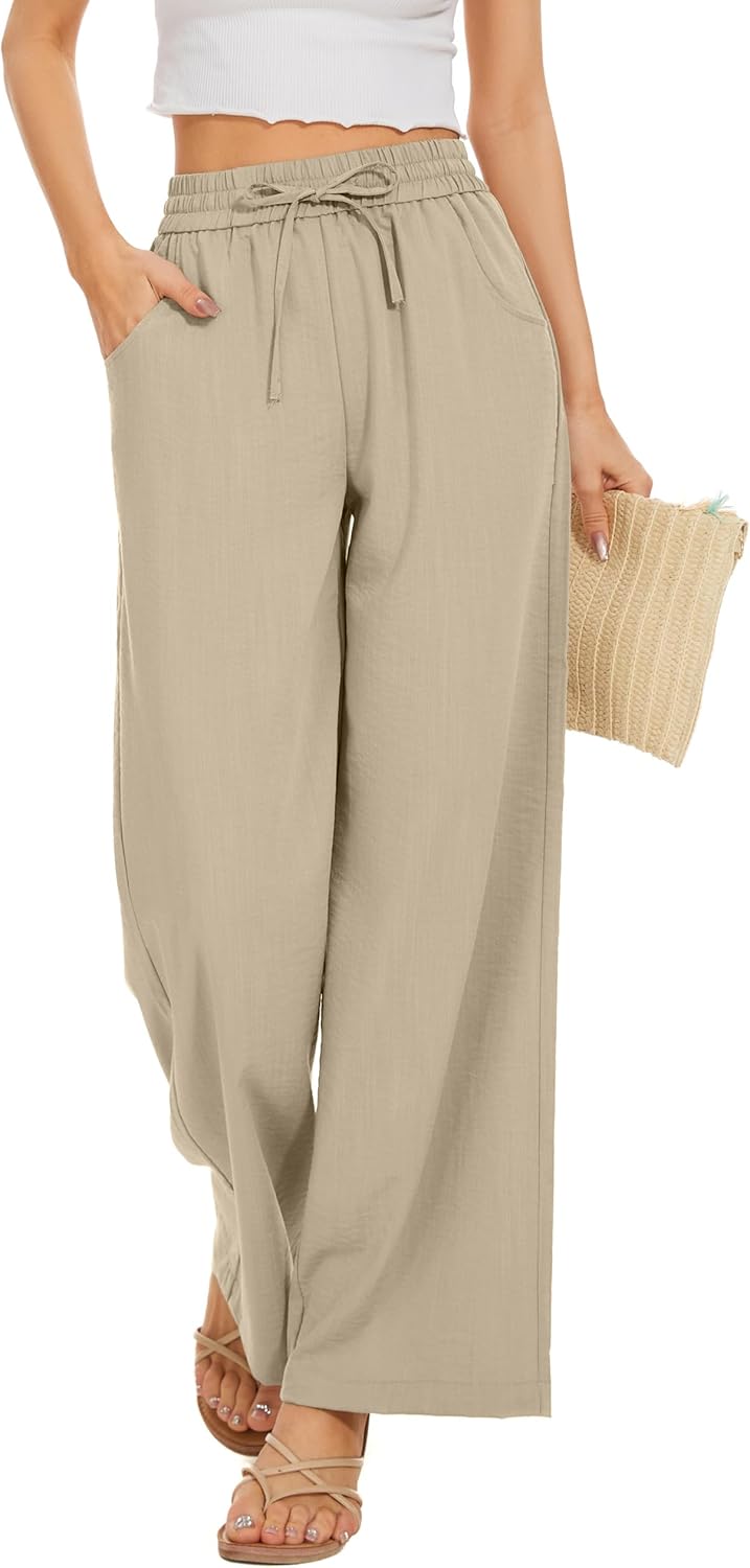 Women Summer Pants Flowy Pants Drawstring Waist Wide Leg Palazzo Beach Pants Loose Fit with Pockets XX-Large Beige