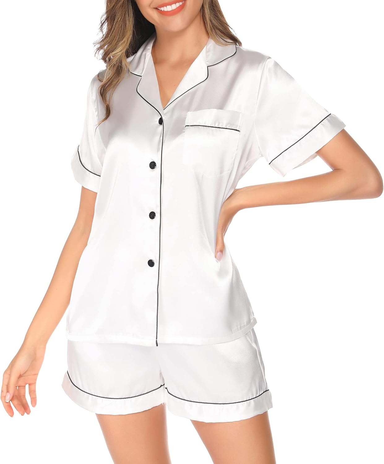 Lovasy Womens Silk Pajamas Set Button Down Satin Sleepwear Short Sleeve Shirt with Shorts 2 Piece Pjs Set Loungewear S-2XL - Image 4