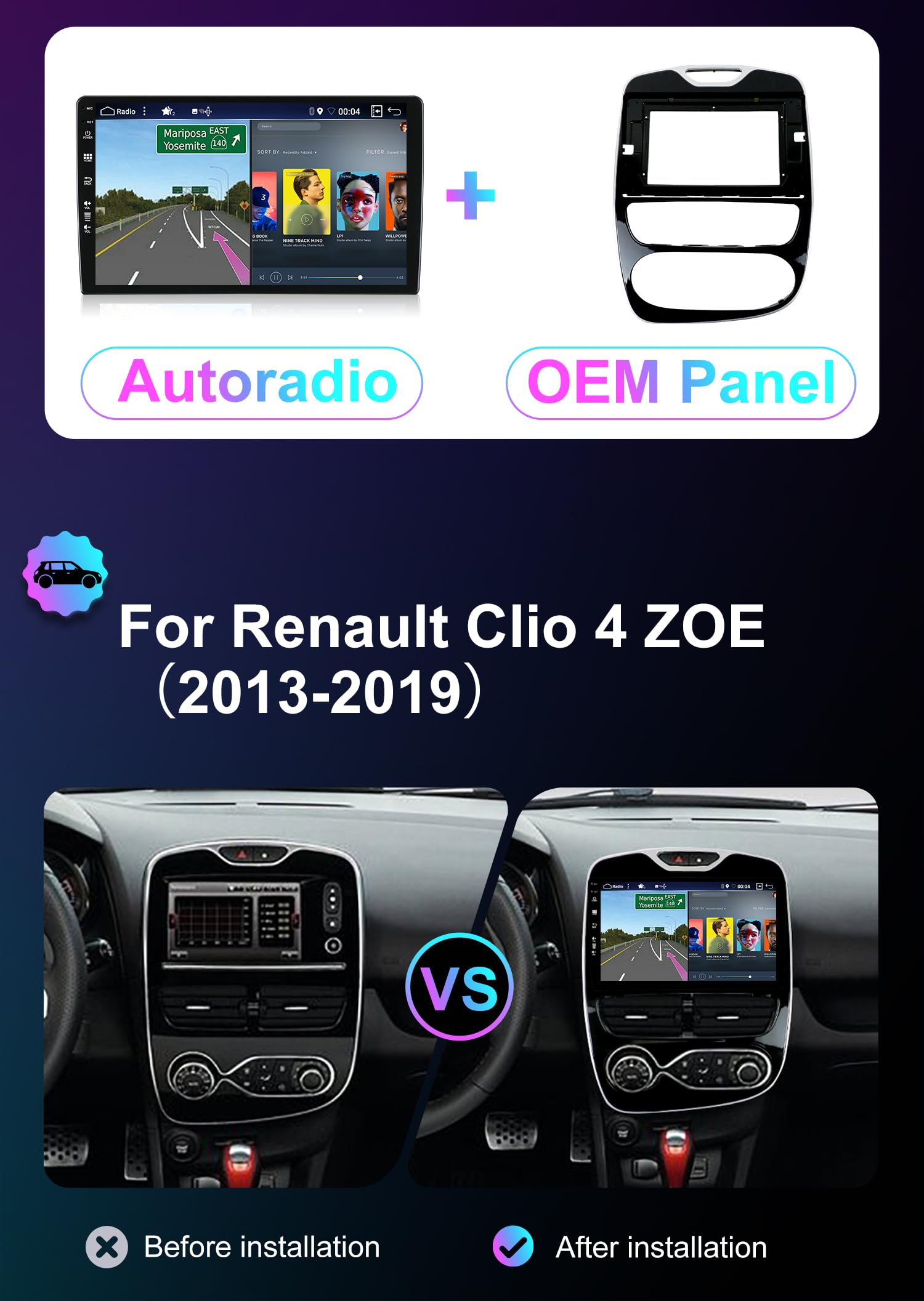 10,1" Android 14 radio samochodowe do Renault Clio 4 ZOE 2013-2019-z bezprzewodowym Apple CarPlay|Android Auto|Mirror Link|nawigacja GPS | Bluetooth 5.0|WiFi |USB|Navi|FM+kamera cofania