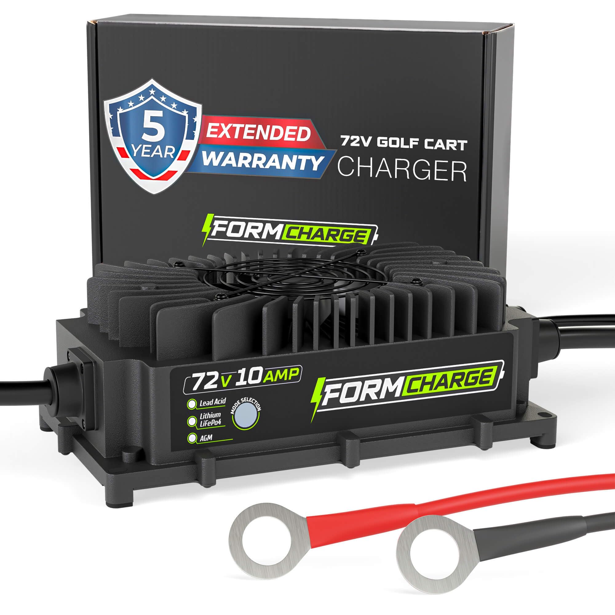 FORM 72V Golf Cart Battery Charger for Lead Acid, Lithium or LiFeP04 Batteries – 72 Volt 15 amp (Ring Terminals)
