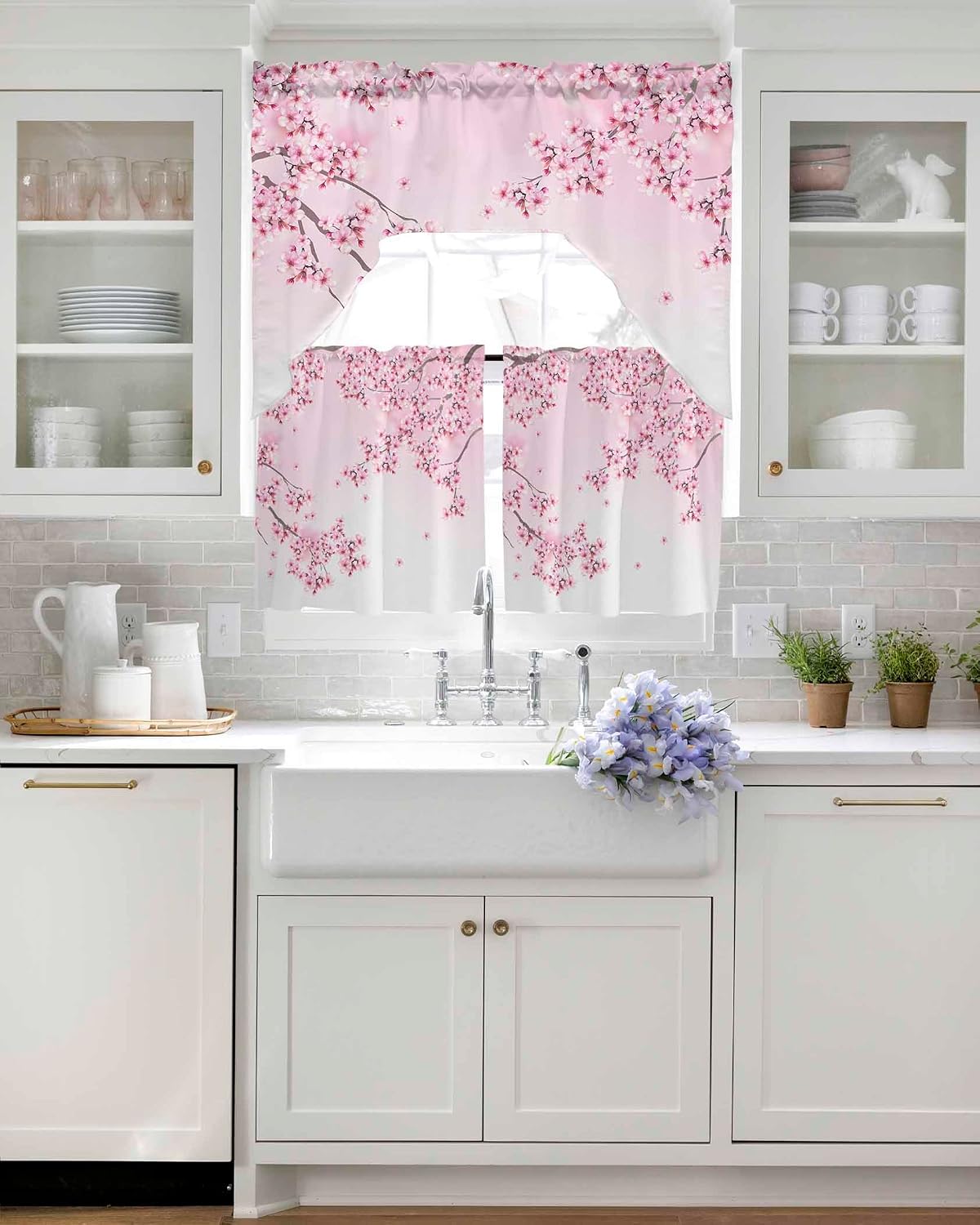 Spring Summer Floral Swag Kitchen Curtain Sets with Valance,3 Pieces Rod Pocket Curtain Drapes for Bedroom Bathroom Cafe Windows,Pink Asian Japanese Cherry Blossom 56''x36''&24''x27.5''x2Panels