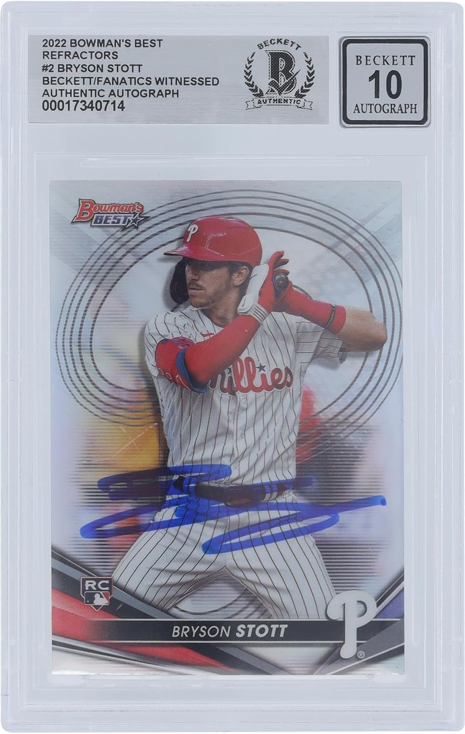 Bryson Stott Philadelphia Phillies Autographed 2022 Bowman's Best Refractor #2 Beckett Fanatics Witnessed Authenticated 10 Rookie Card - Baseball Slabbed Rookie Cards