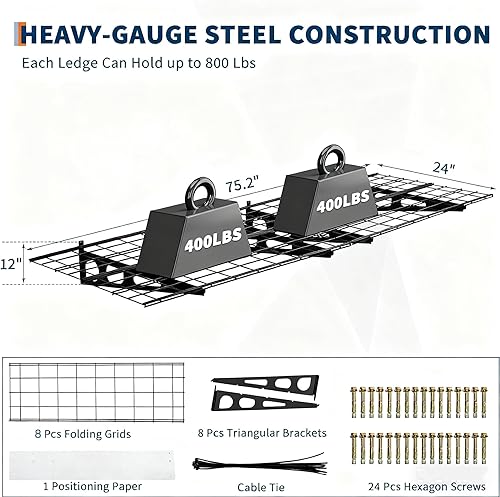 Miniatura 4 de Paquete de 2 estantes de garaje de 2 x 6 pies montados en la pared, estante de pared resistente de 1600 libras con distancia ajustable, para garaje,