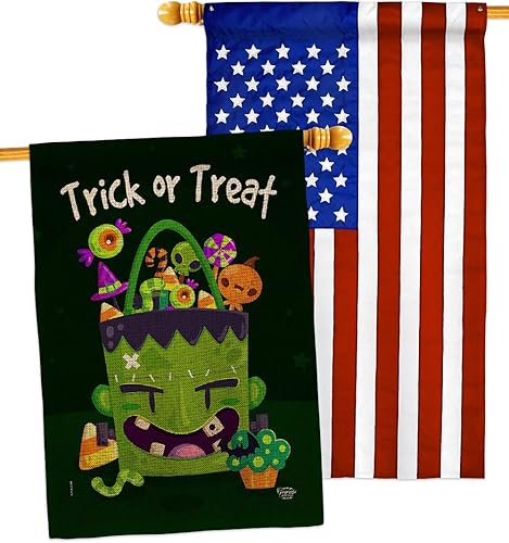 Bandera de casa de arpillera Sweet Monster Treat – Paquete de truco de bruja de otoño o noche espeluznante gato negro temporada otoño calabaza USA