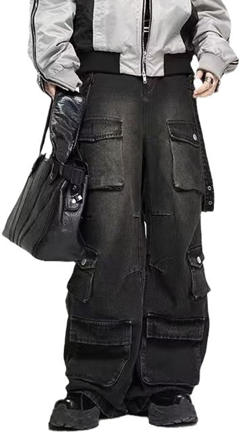 Men's Multi-Pocket Function Denim Pant Fashion Classic Washed Denim Pants Comfort Fit Loose Mid-Waist Pants