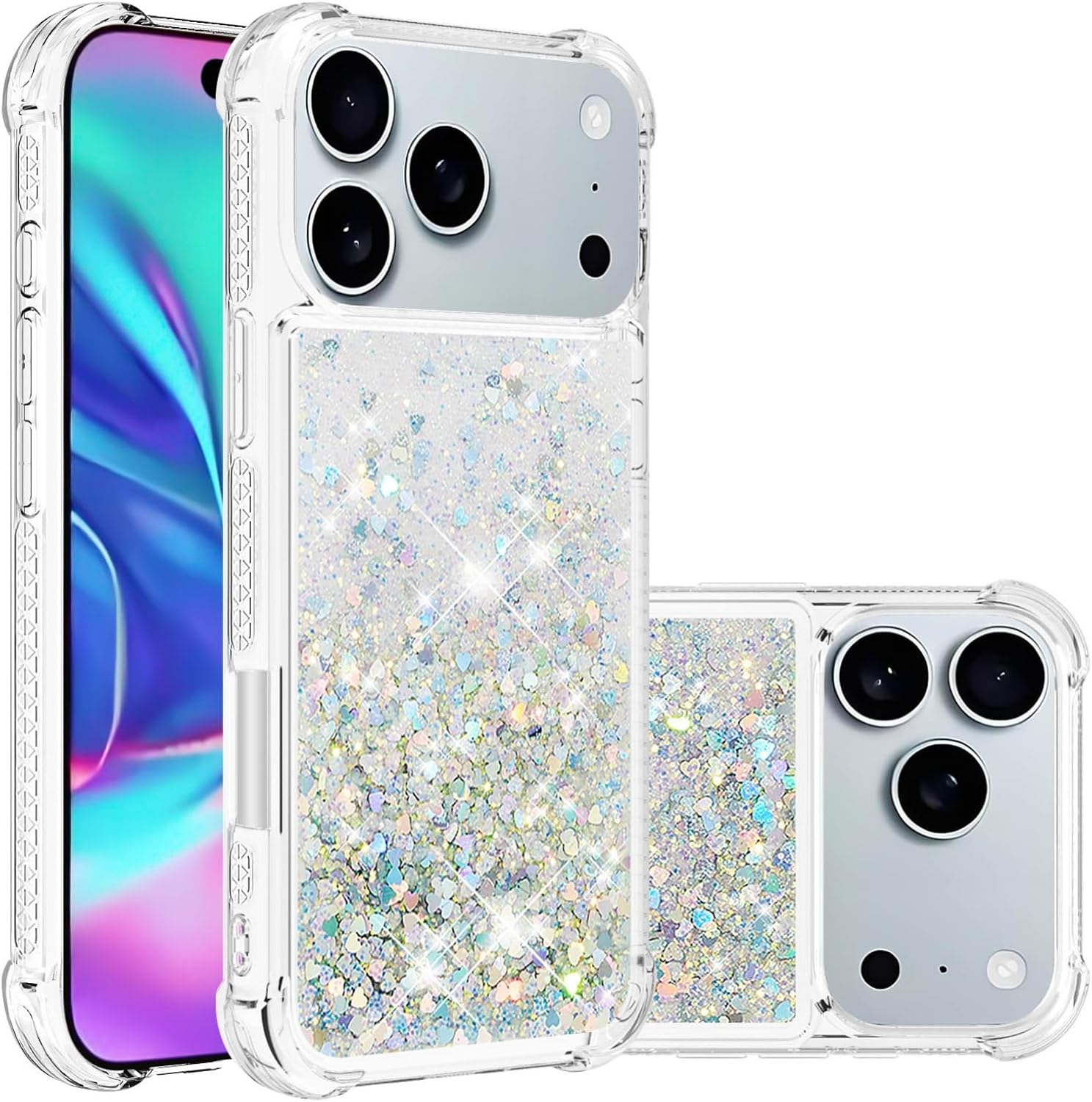 Bling Glitter Case for Apple 17 Pro, Soft TPU Sparkly Flowing Liquid Floating Clear Case for Women Girls Cover for iPhone 17 Pro.Liquid Sliver