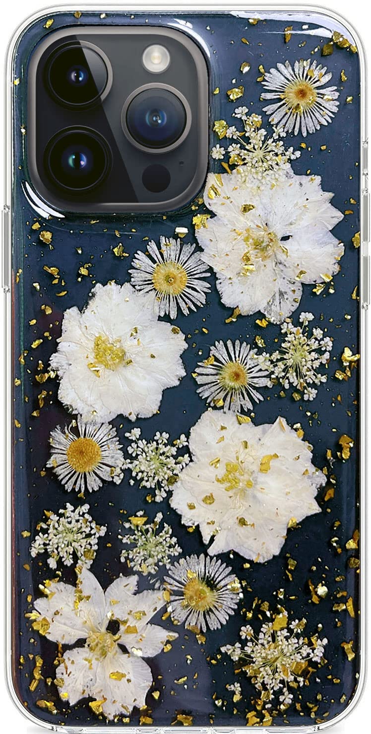 Abbery Funda Carcasa Para IPhone 14 Pro, Diseño De Flores Con Protección De Cámara, Diseño De Purpurina Transparente, De Silicona Transparente, Flores Secas Auténticas, Para Mujeres, Niñas, Sto?feste