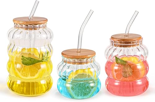 Koythin 3 piezas de cristalería acanalada con tapas y pajitas, vasos de vidrio, vasos de bebida ondulados altos acanalados, juegos de vasos mixtos