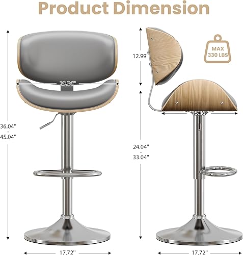 Miniatura 3 de Bar Stools Set of 2, Bentwood Adjustable Height Swivel Bar Stools, PU Leather Upholstered Bar Chair with Back and Footrest for Bar, Kitchen, Grey