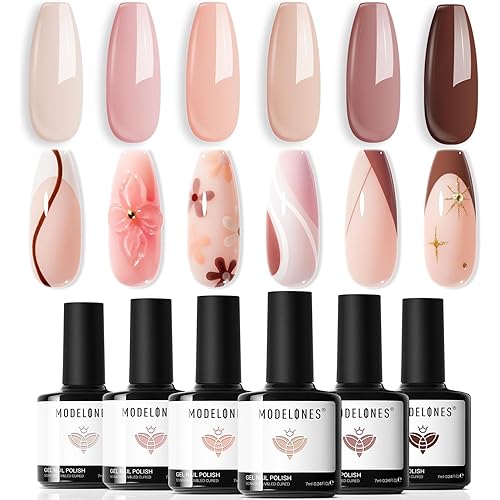 modelones Gel Nail Polish Kit -6 Colors Nude Pink Milky White Gel Polish Set Skin Tones Neutral Brown Soak Off Gel Nail Kit Manicure DIY Nail Art Salon Home Gift