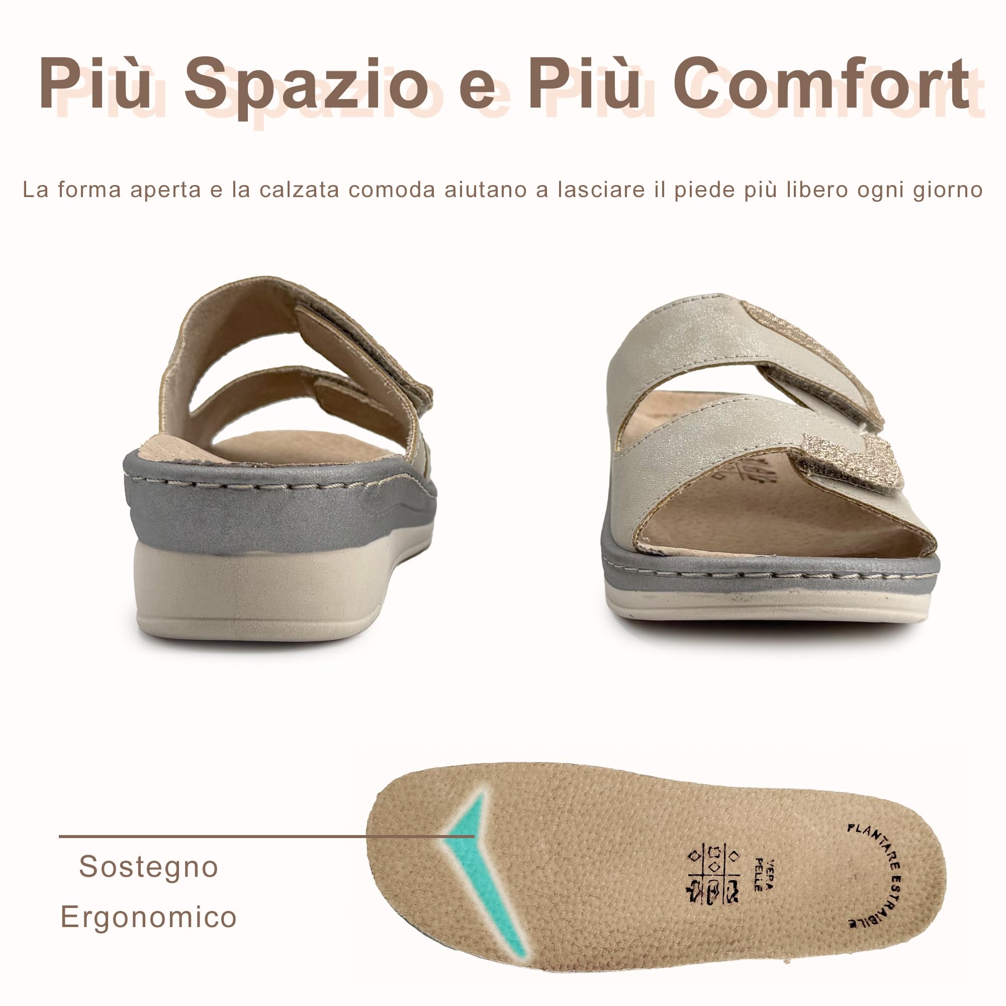 JOMIX Ciabatte Donna Ortopediche con Strappo Pantofole Estive Anatomiche Ergonomiche Plantare Estraibile in Vera Pelle Sandali Comidi Regolabili con Zeppa per Anziana e Piedi Sensibili