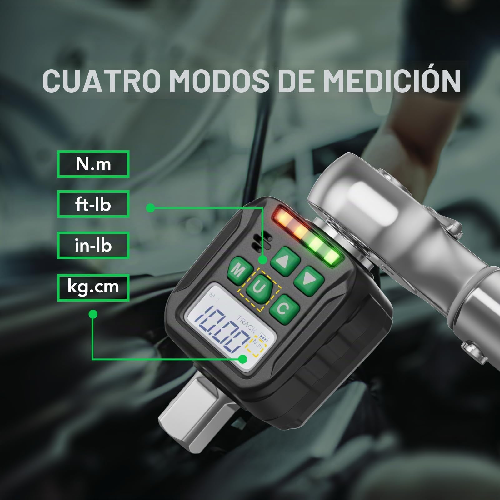 Llave Dinamometrica Digital, 1/2 1/4 3/8 Adaptadores de Alta Precisión 6 Unidades de Torsión Pantalla Retroiluminada (17-340NM)