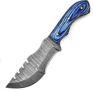 Tracker Knife Damascus Knife for Hunting Camping - Damascus Steel Hunting Tracker Knife with Horizontal Carry Sheath - Fixed Blade Survival Bushcraft Knife (Blue) - BNAZIND