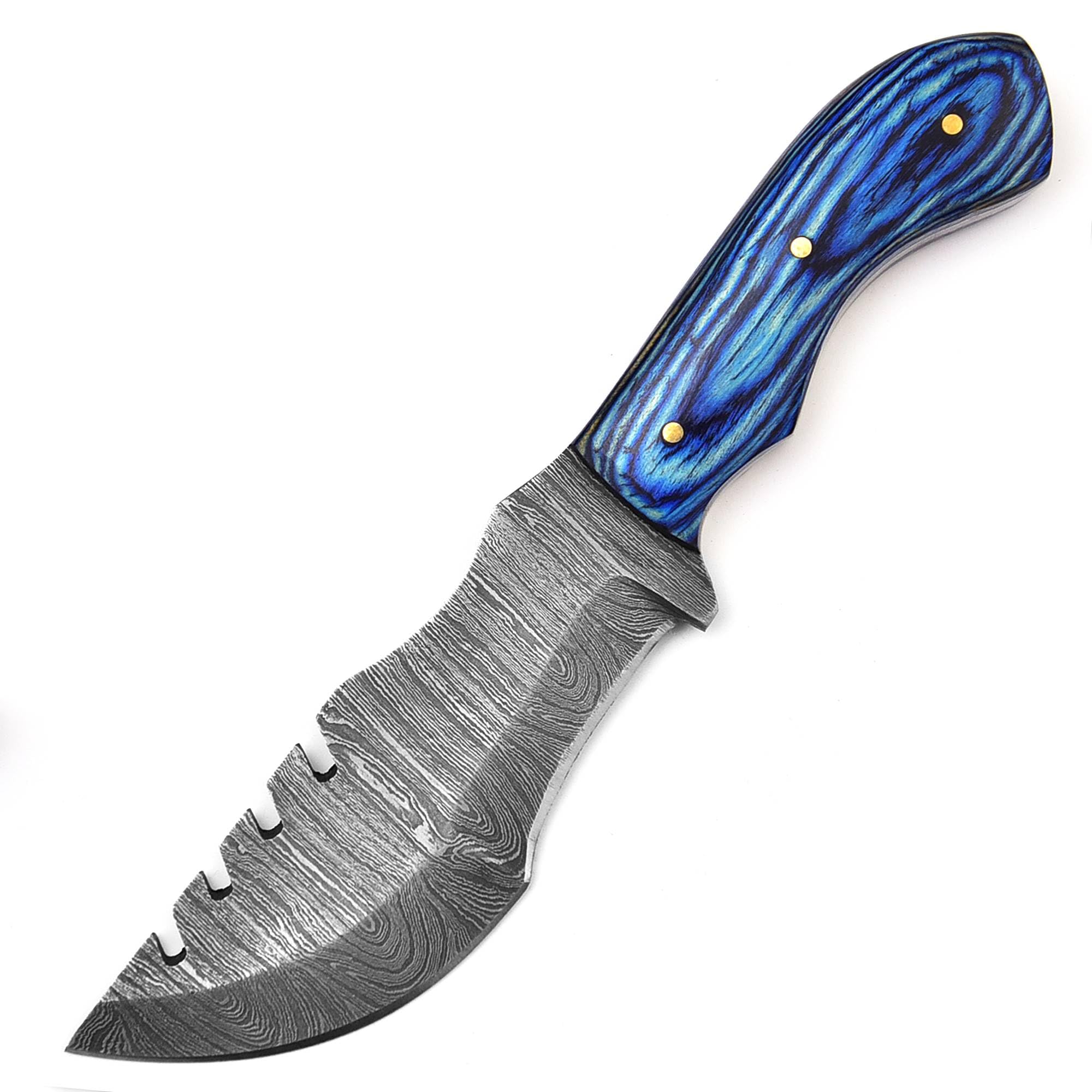 Damascus Steel Tracker Knife for Hunting Camping - Fixed Blade Survival Bushcraft With Horizontal Carry Sheath (Blue)
