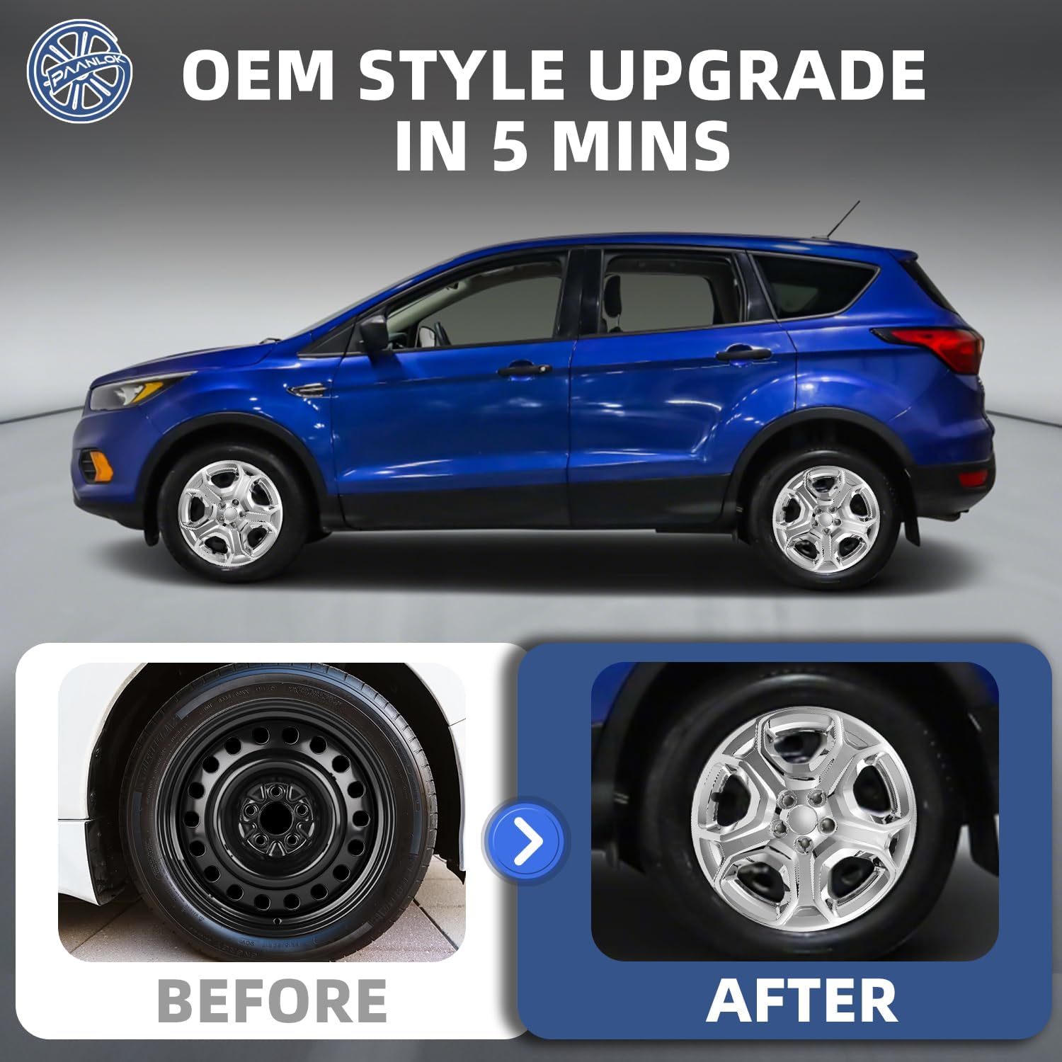 4-Pack Direct Replacement Hubcaps for 2013-2025 Ford Escape - Fits 17 Steel Wheels Only, Replaces OEM #GJ5Z-1130-A, Compatible with OE Wheels #LJ6Z-1015-A/CJ5Z-1015-A Chrome Silver