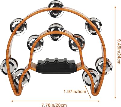 Double Row Tambourine, Half Moon Handheld Tambourine, Metal Jingles Hand Held Percussion Drum with Ergonomic Handle Grip, Adult Musical Instrument for Church, KTV, Party