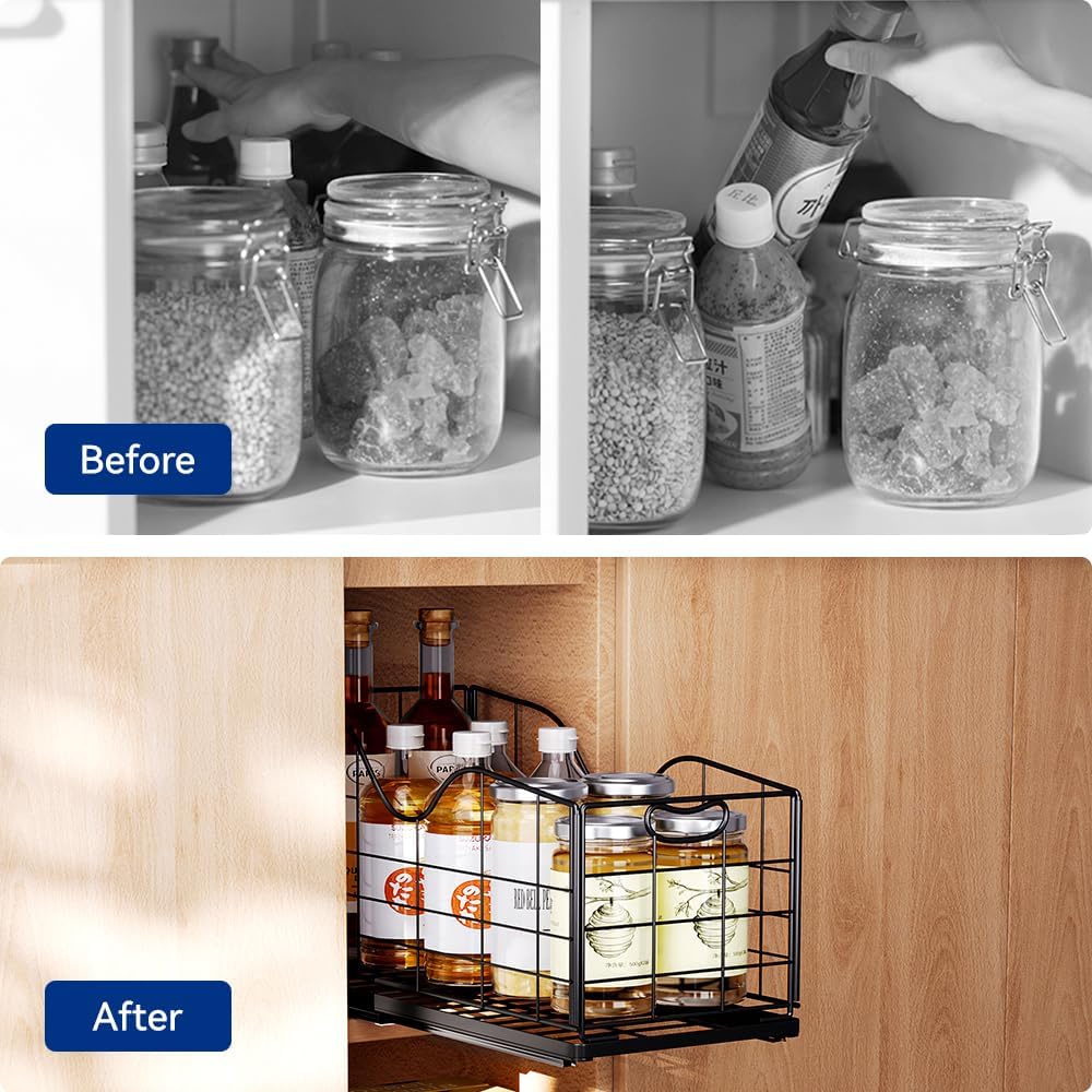 Narrow Cabinet Organizer,Carbon Steel Pull Out Cabinet Organizer,Fixed Heavy Duty Kitchen Cabinet Slide Out Shelves for Storing and Organizing Bathrooms, Kitchens, Bedroom (Black, Deep 16.7")