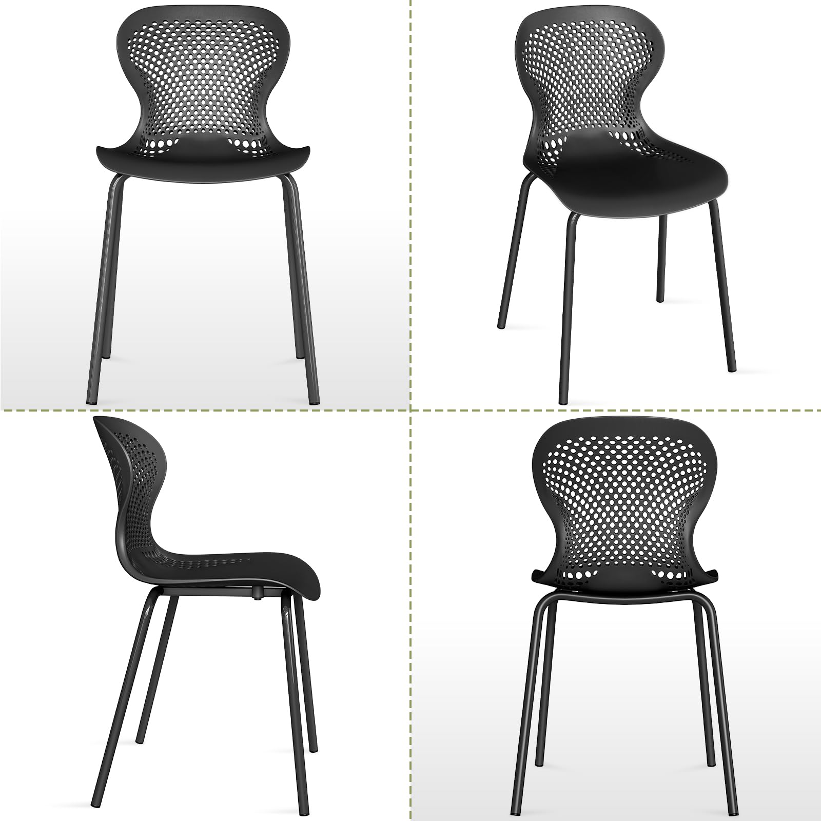 JIJIAN Pack de 6 Sillas de Jardín Apilables Negro, Sillas de Comedor de Plástico con Patas de Metal, Sillas de Cocina para Jardín, Balcón, Comedor y Terraza