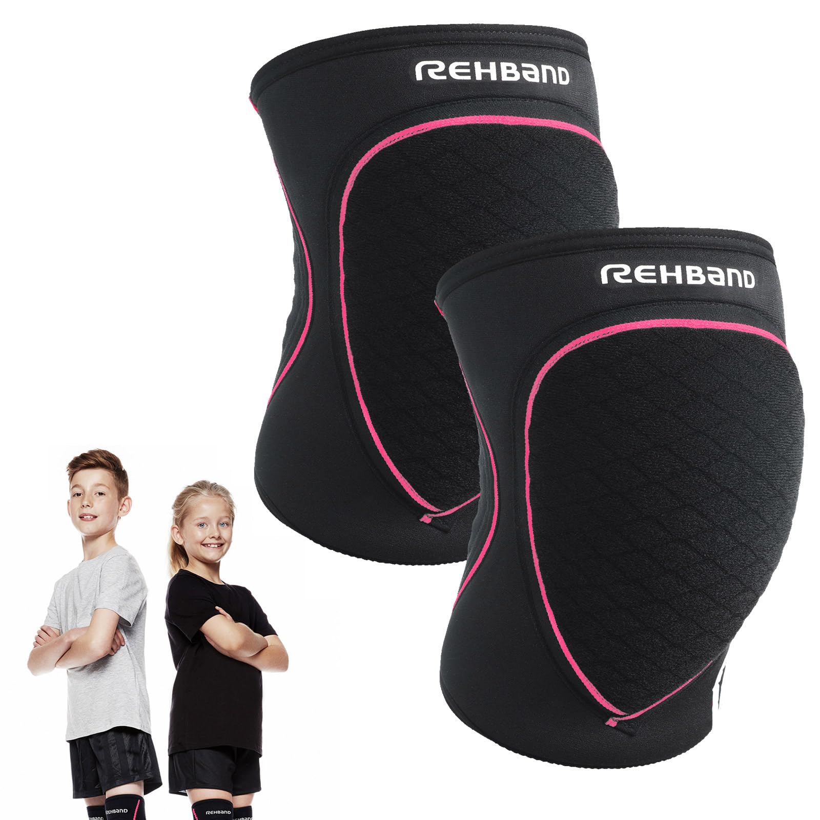 Rehband Knieschoner Kinder, 1 Paar, Kniepolster für Volleyball & Handball - komfortabel & hoher Schutz, Kinder Knieschutz Hallensport, Farbe:Schwarz/Pink, Größe:L, Seite:Paar