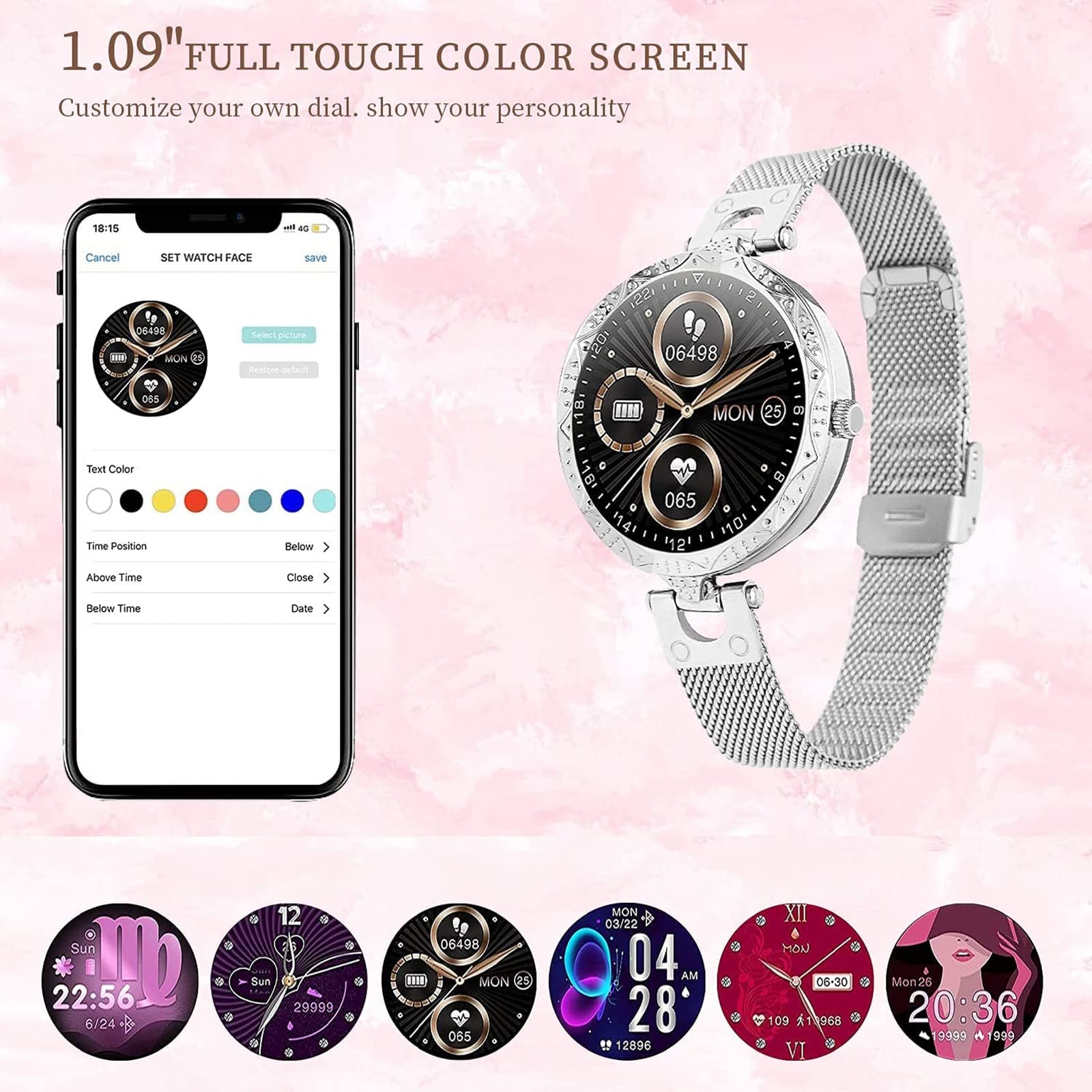 Damski smartwatch z ekranem dotykowym 2.8 cm. Wodoodporny monitor aktywności IP68 z pulsometrem, zegarek fitness, krokomierz, stoper, inteligentny zegarek do iOS/Andoid, złoty