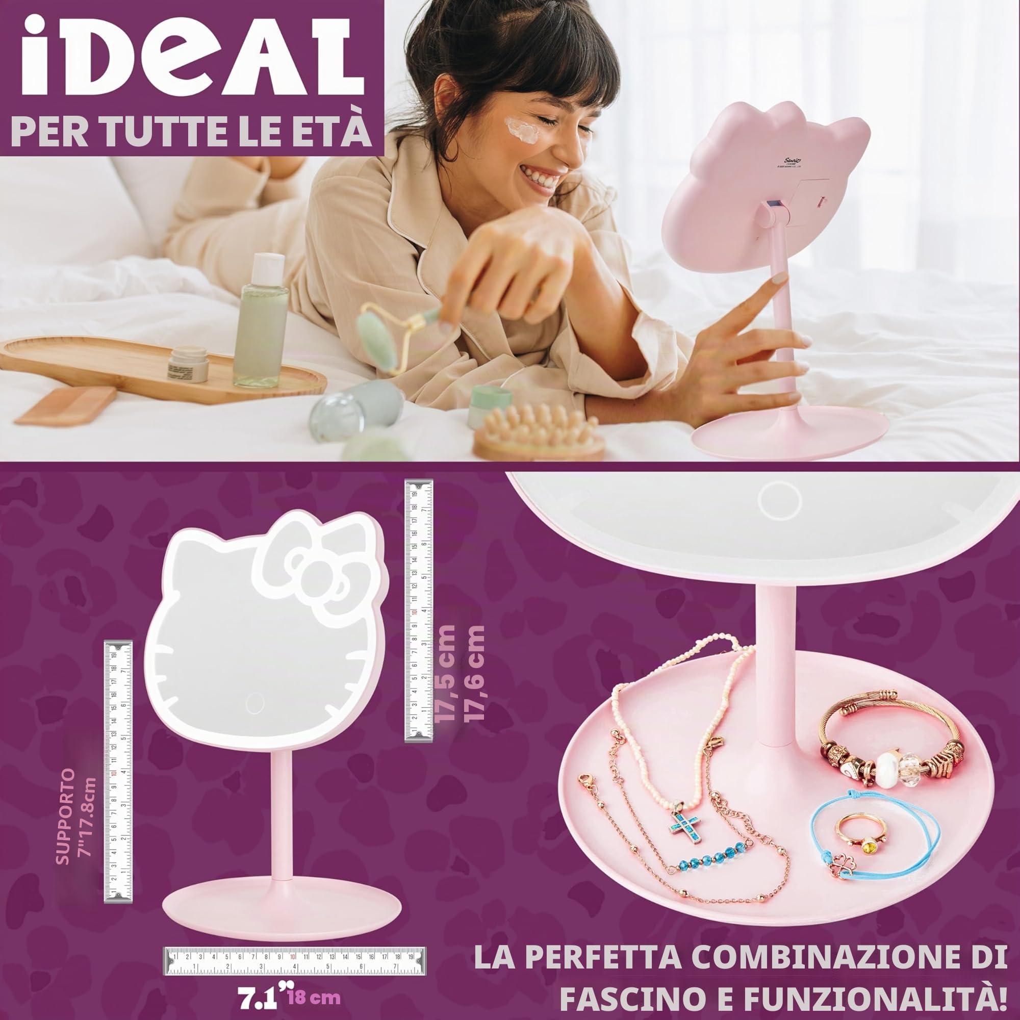 Get Trend Hello Kitty Sanrio Specchio Trucco, Vanità Compatto A Batteria Portatile Specchio da Tavolo con Luci e Piedi per Viaggi e Camera da Letto (Rosa/Hello Kitty)