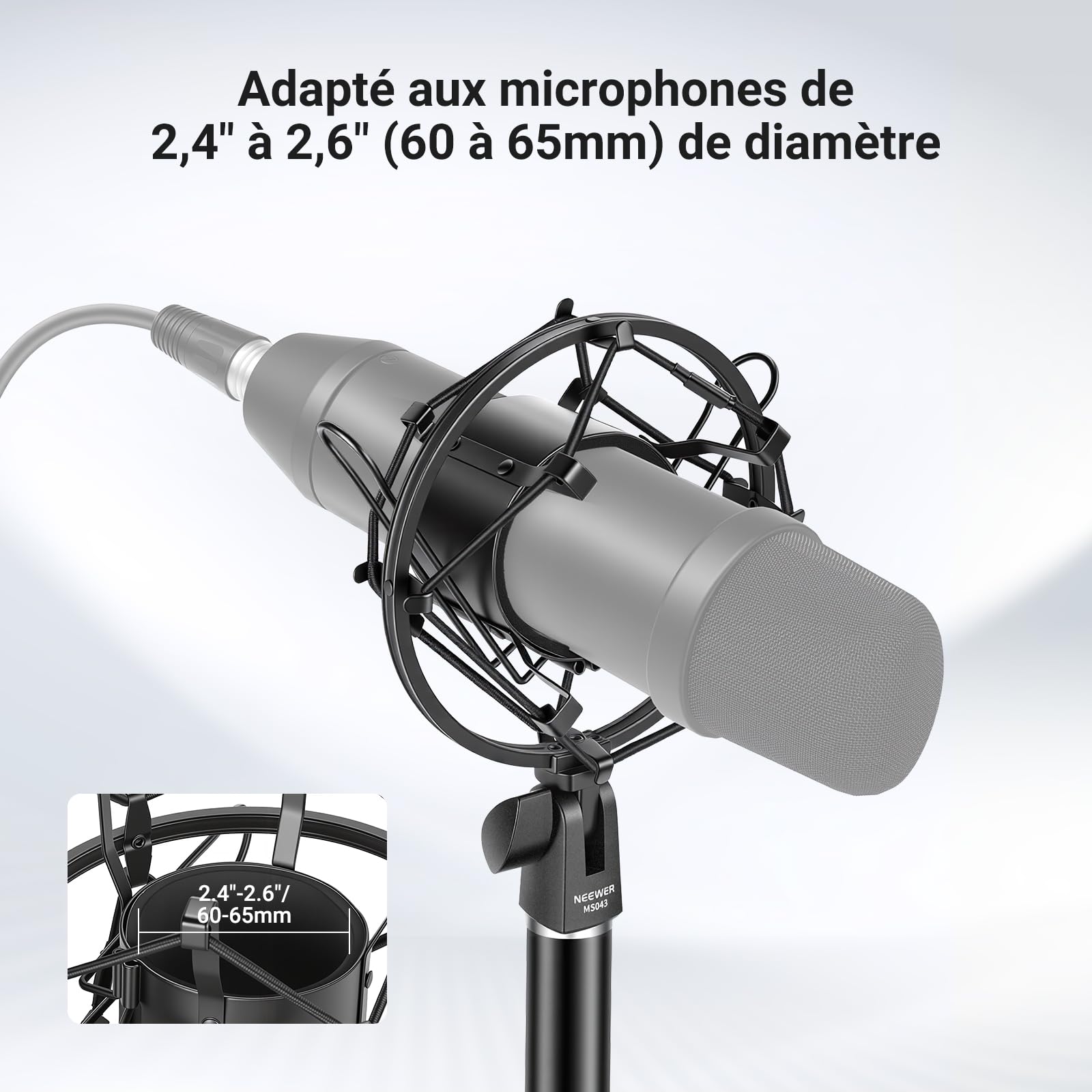 NEEWER Support Antichoc pour Micro,Fixation pour Pied et Boom Arm avec Cordons élastiques et Adaptateur à Vis 3/8" à 5/8", Compatible avec Microphone de 60 à 65mm de Diamètre (2,4" à 2,6"), MS043