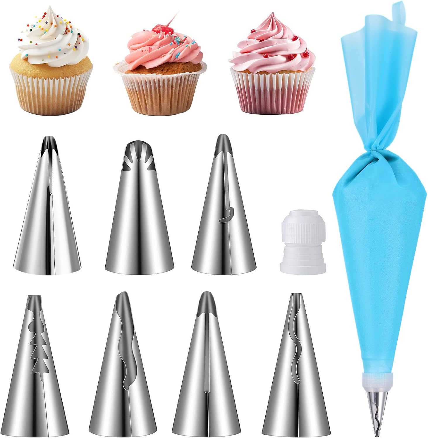 9 Pcs Reusable Piping Bags and Tips Set, Stainless Steel Ruffle Large Piping Tips with Pastry Bag Cake Decorating Tips for Cupcakes Cookies Cake Decoration Tools