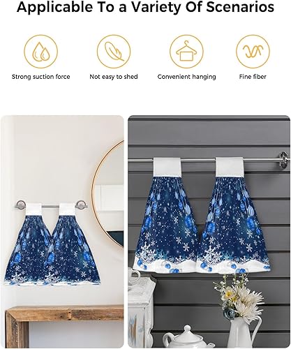 Miniatura 4 de Christmas Hanging Kitchen Towels Xmas Ball Snowflake Snow Hand Bath Towels with Hanging Loop Blue Soft Absorbent Drying Dish Tie Towels for Kitchen