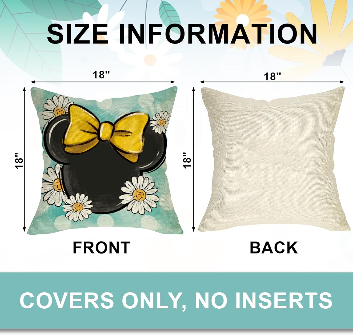 Spring Summer Decorative Throw Pillow Covers 18 x 18 Set of 4, Daisy Flower Eucalyptus Leaves Bloom Gather Cushion Case Decor, Teal Yellow Stripes Polka Dot Home Decoration
