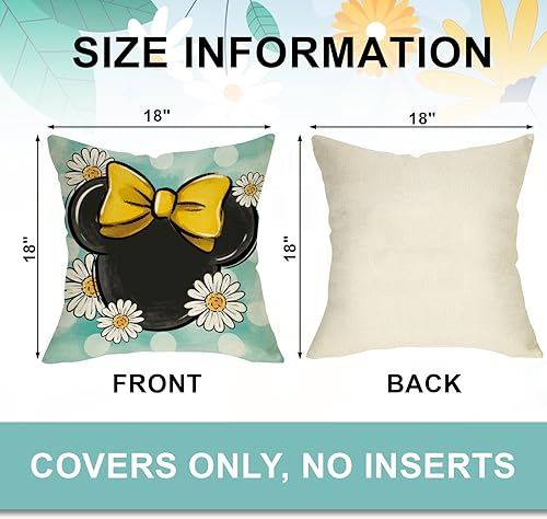 Miniatura 2 de Ussap Juego de 4 fundas de almohada decorativas de ratón de dibujos animados de primavera de 18 x 18 pulgadas, diseño de margarita, hojas de