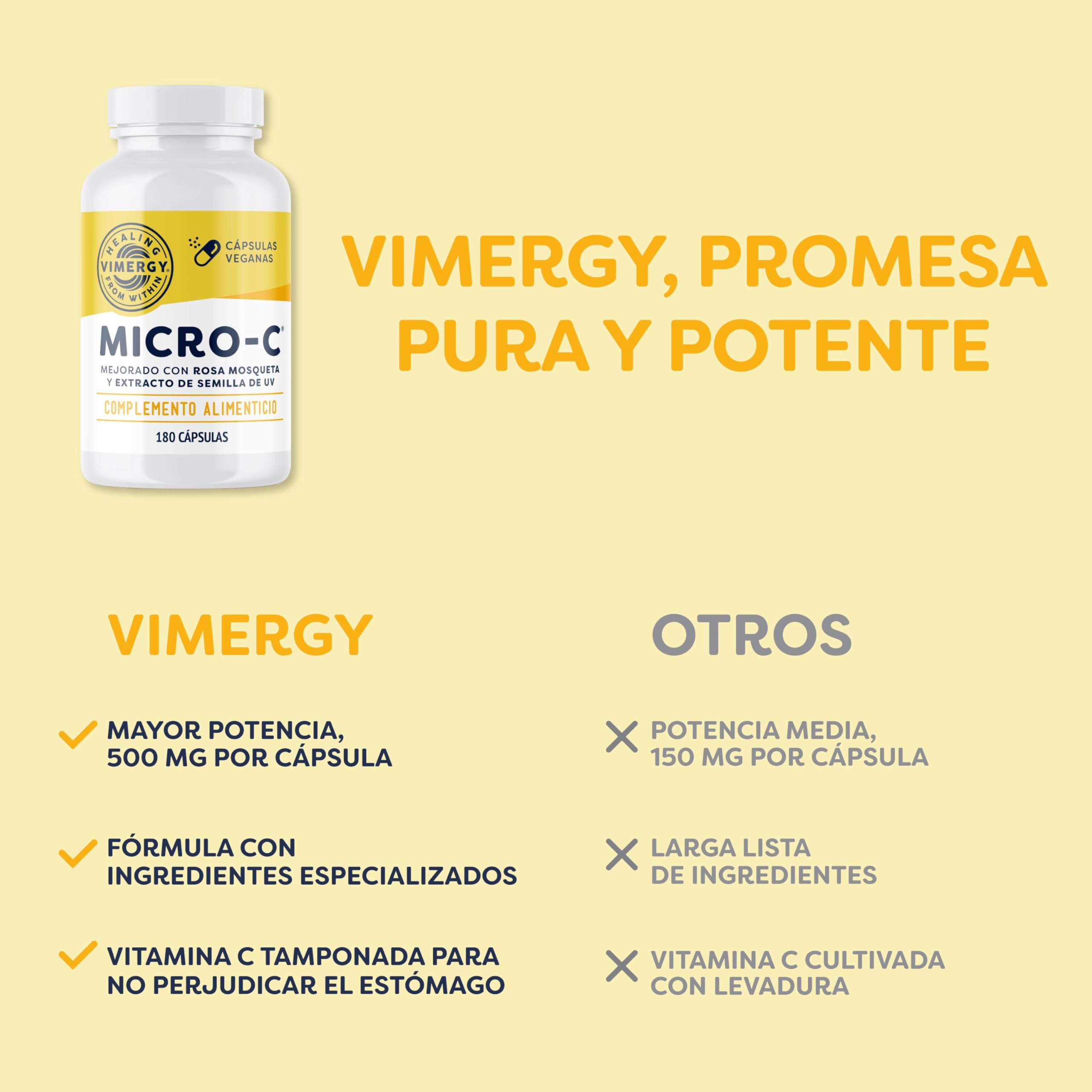 Vimergy Micro-C Vitamina C Cápsulas – 180 Unidades – Vitamina C 500mg en Forma Menos Ácida – Escaramujo - Sin Gluten - Kosher - Vegano