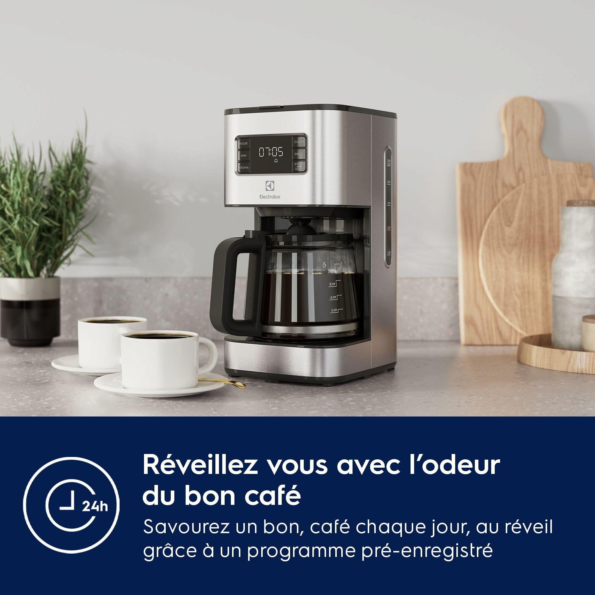 Electrolux Cafetière filtre Create 5 E5CM1-6ST, Sélection d'arômes et minuterie programmable, Puissance 1000 W, Verseuse isotherme 1,38 L, Arrêt automatique, Acier Inoxydable