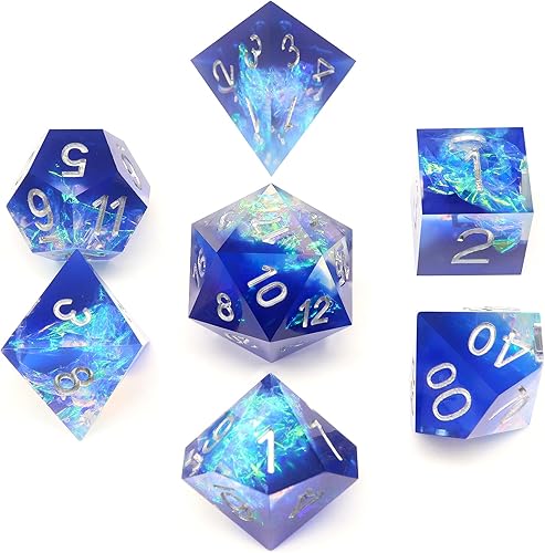 Miniatura 6 de DND - Juego de dados con bordes afilados, 7 piezas de dados DND de resina transparente azul, dados poliédricos D&D con estuche de dados para juegos