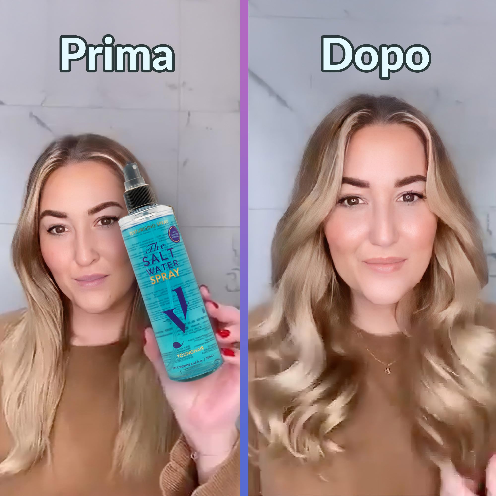 Spray Sale Marino per Capelli Younghair, Sea Salt Spray Beach Waves Effetto Onde Naturali, Volume e Texture per Capelli Mossi e Ricci, 250 ml