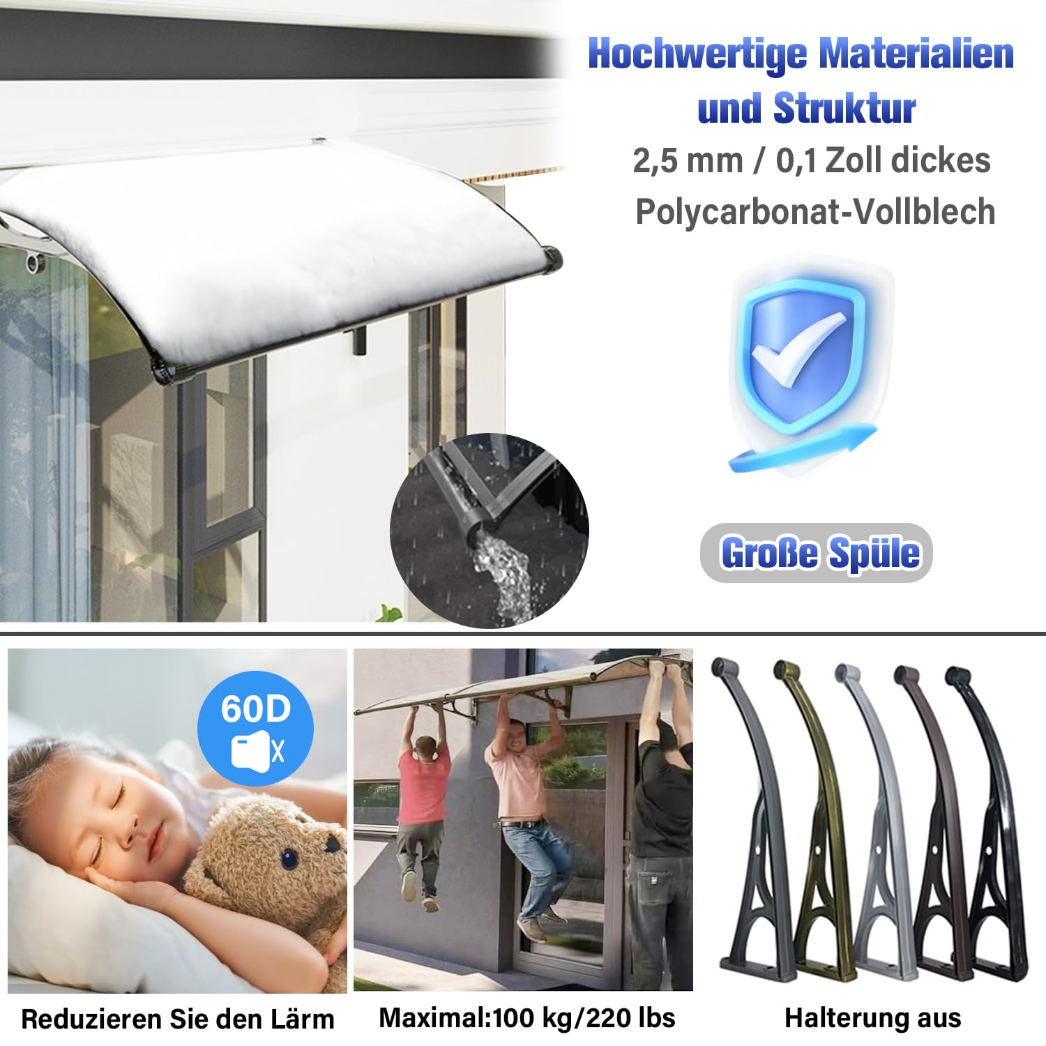 Vordach für Haustür Überdachung 60x120cm, Haustürdach Pultvordach Pultbogenvordach aus Aluminium und Polycarbonat, Türdach für draußen Sonnenschutz Regenschutz-Braun