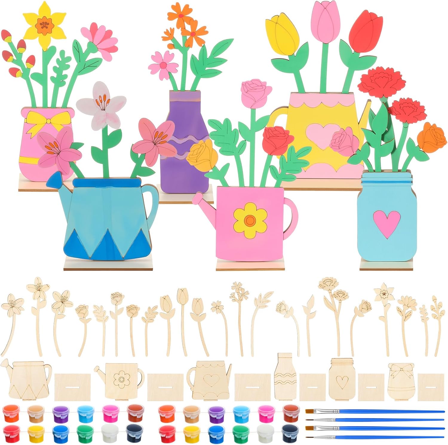 DoubleFill 68 Pcs Wooden Flower DIY Craft Kit Self Standing Wood Spring Summer Craft Unfinished Wood Flower Ornament Slices to Paint Cute Tabletop Decor for Party Birthday Gift Activities Art Project