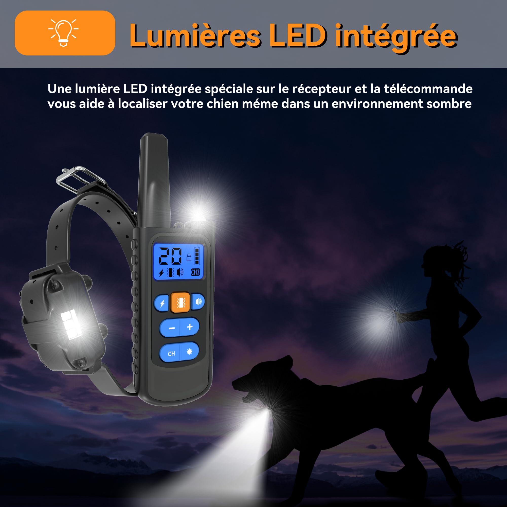 Meloive Collier de Dressage pour Chiens Rechargeable,Portée de 3000m,avec Mode Vibration,Son,Choc Statique et Lumière,IPX67 Résistant à L’Eau,Adapté Aux Chiens de Petites et Moyennes Tailles,Noir